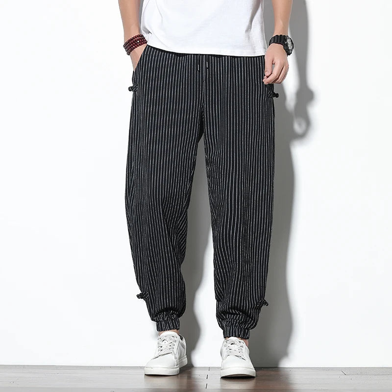 striped Harem Pants Mens Breathable Pants Buckle Casual Bloomers Fashion Trousers