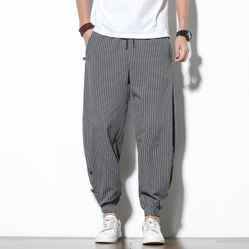 striped Harem Pants Mens Breathable Pants Buckle Casual Bloomers Fashion Trousers