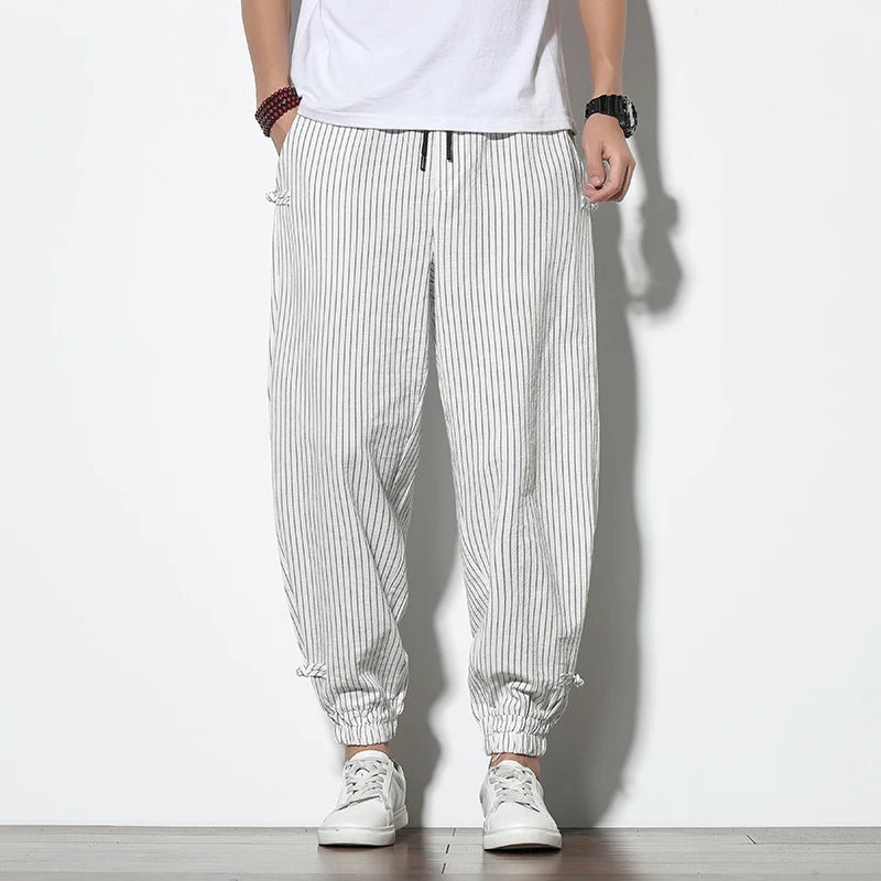 striped Harem Pants Mens Breathable Pants Buckle Casual Bloomers Fashion Trousers