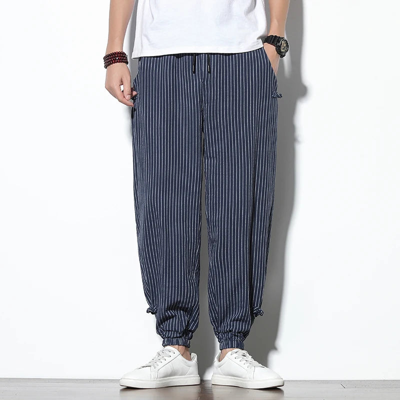 striped Harem Pants Mens Breathable Pants Buckle Casual Bloomers Fashion Trousers